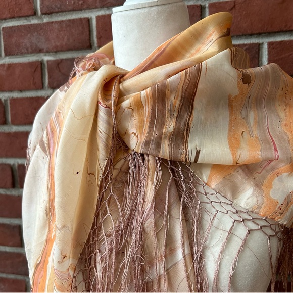 •Hand painted Handmade Silk Fringed Boho Scarf Wrap NWOT 41”x42” Made in India - Picture 5 of 14